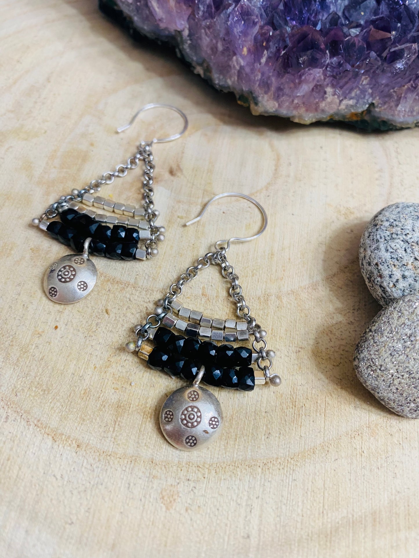 Onyx petite box cut Bali silver earrings