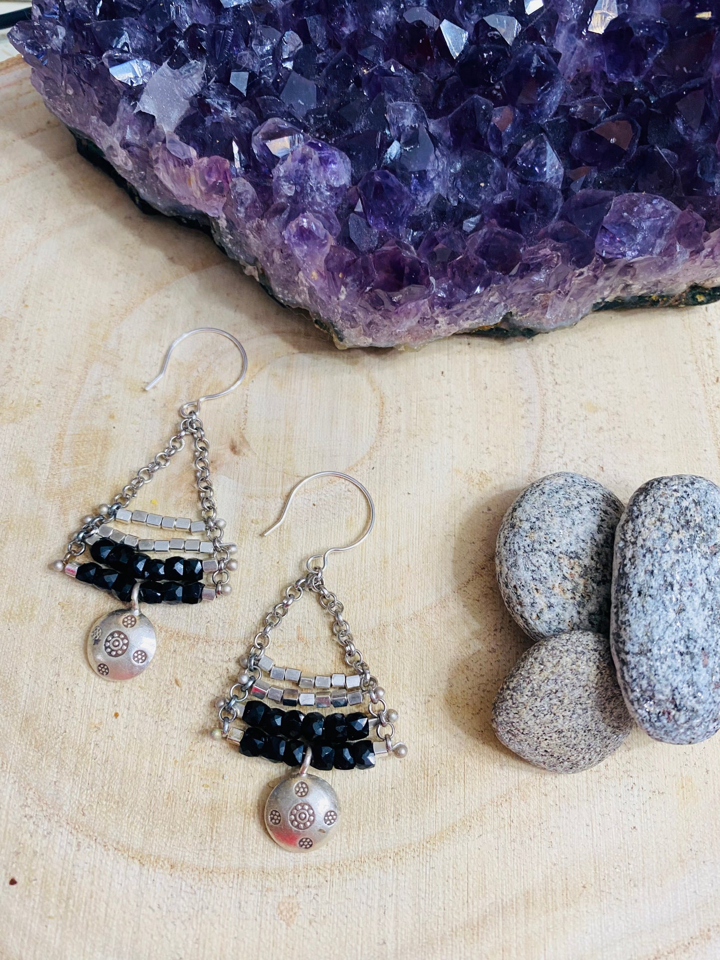 Onyx petite box cut Bali silver earrings