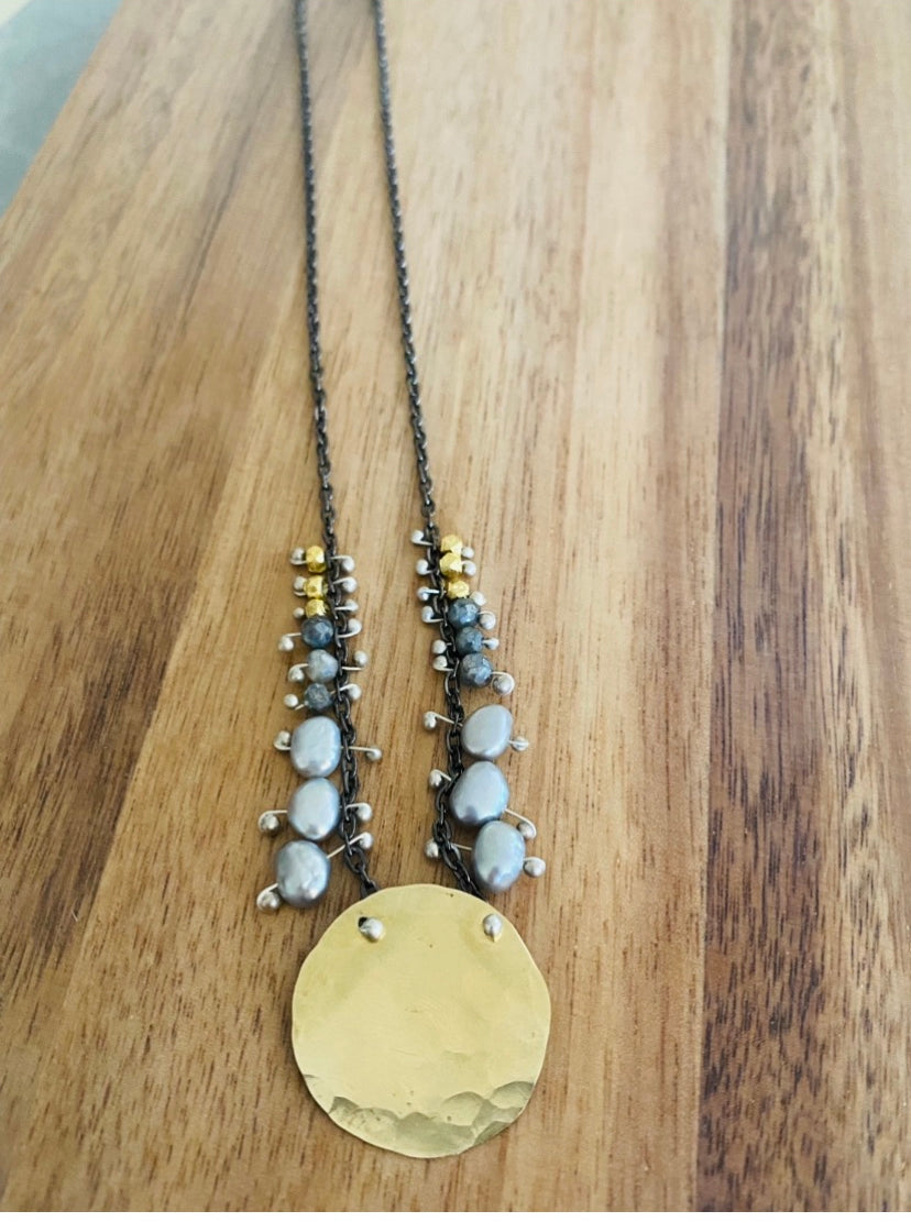 Brass circle necklace with gemstone fringe