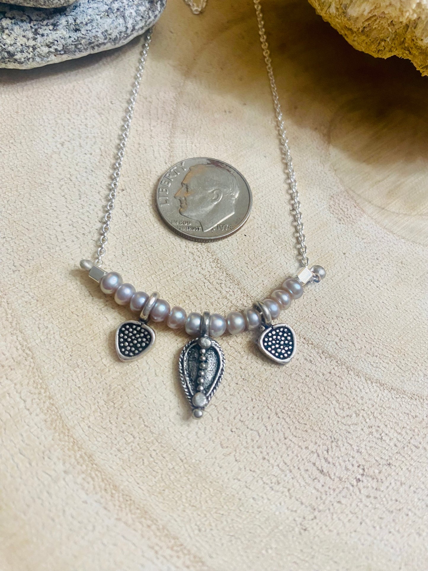 Teensy Pearl and Sterling Charms Necklace