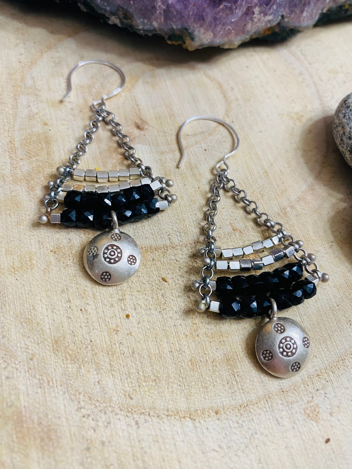 Onyx petite box cut Bali silver earrings