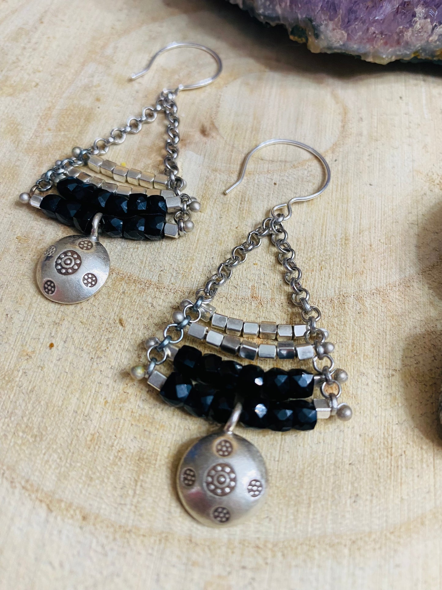 Onyx petite box cut Bali silver earrings