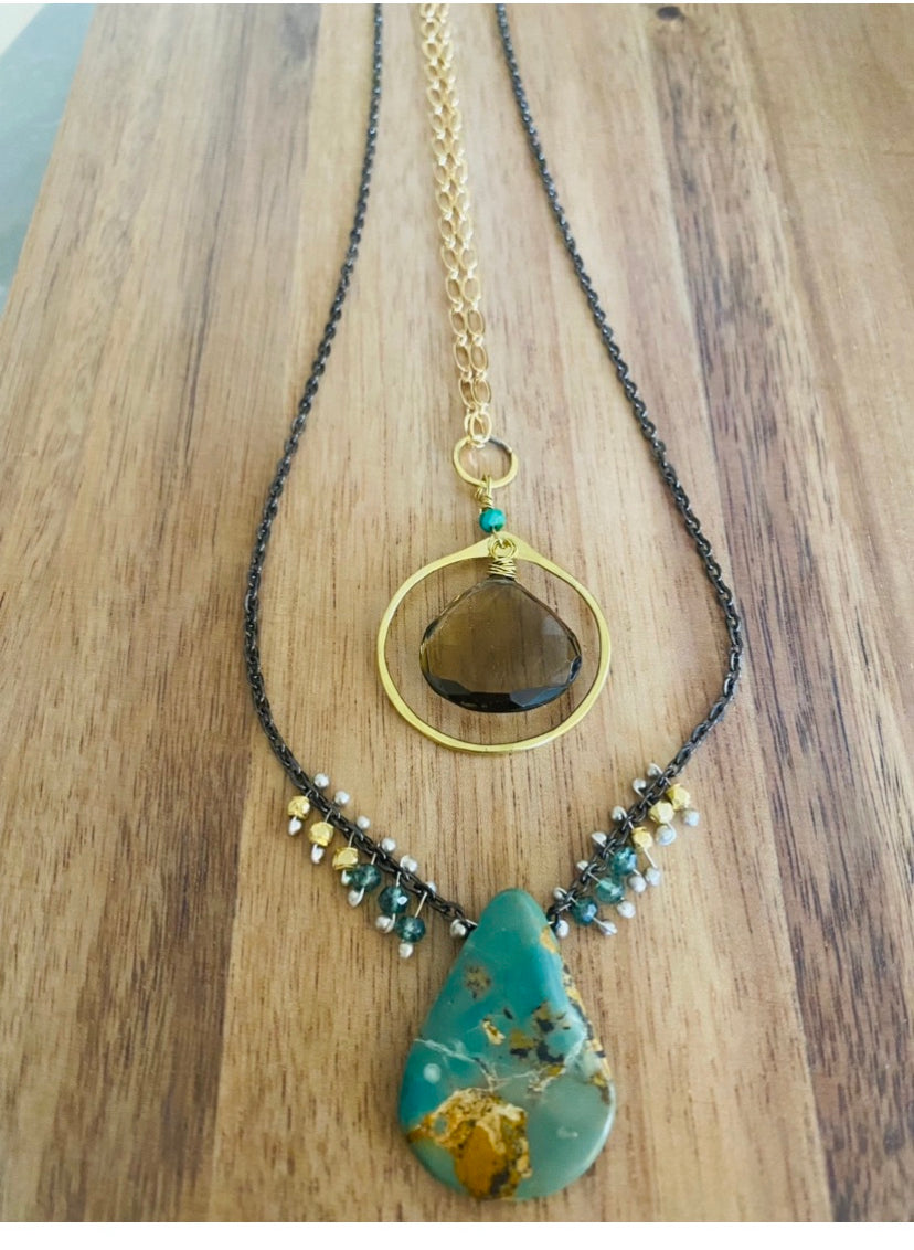 Green Turquoise Necklace with blue-green zircons