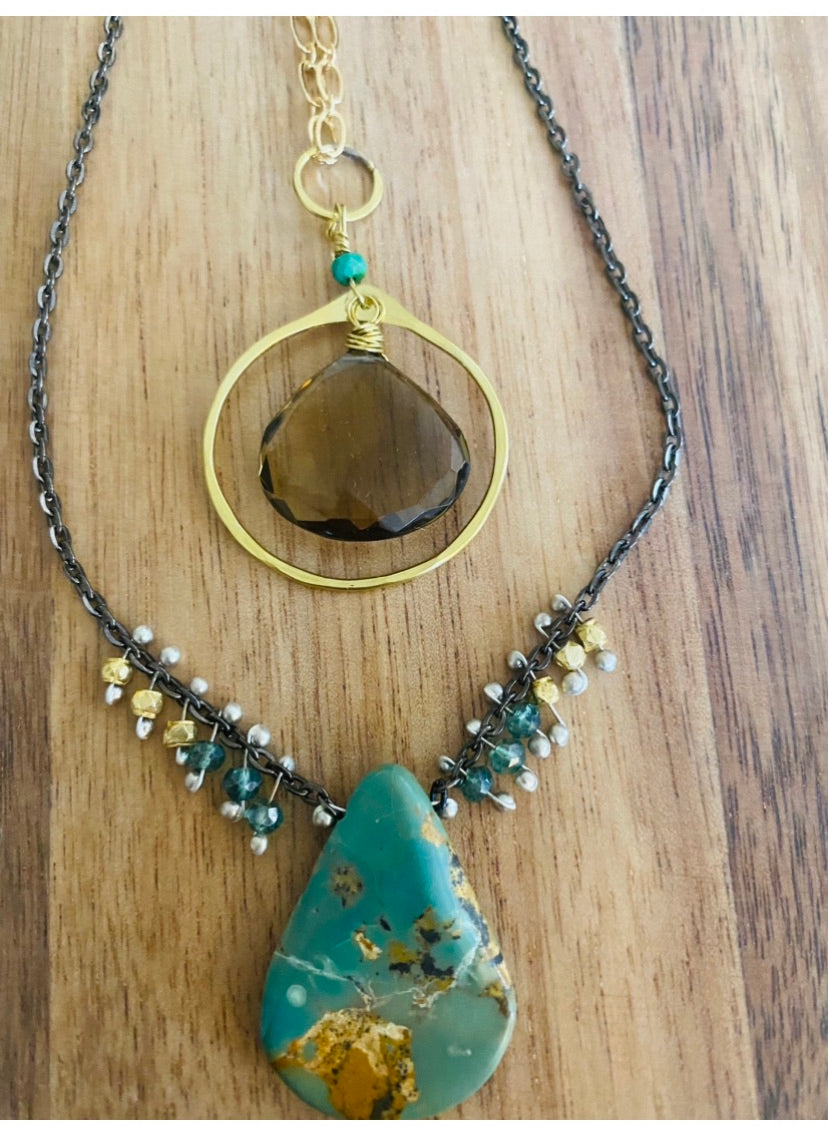 Green Turquoise Necklace with blue-green zircons