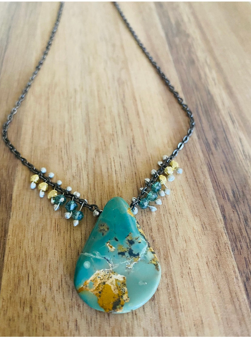 Green Turquoise Necklace with blue-green zircons