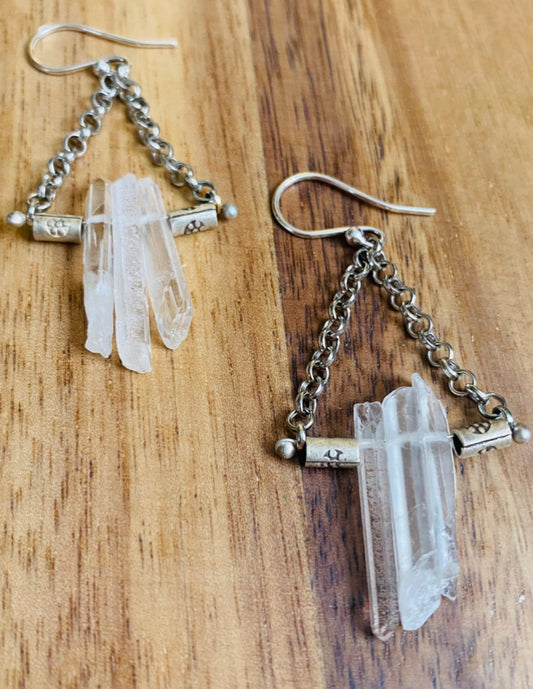 Rock crystal shard and Bali silver earrings