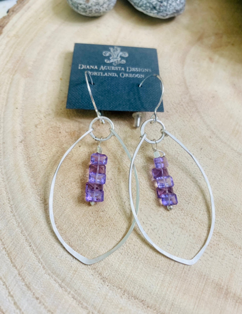 Sterling Leaf Earrings with Emerald cut amethysts.