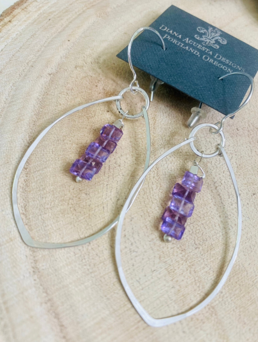 Sterling Leaf Earrings with Emerald cut amethysts.