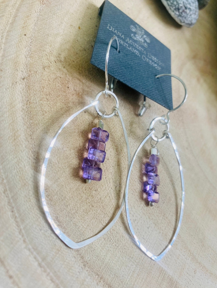 Sterling Leaf Earrings with Emerald cut amethysts.