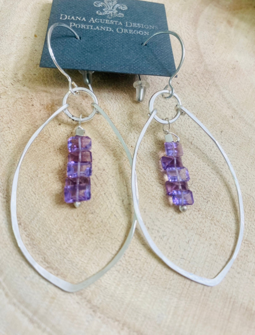 Sterling Leaf Earrings with Emerald cut amethysts.